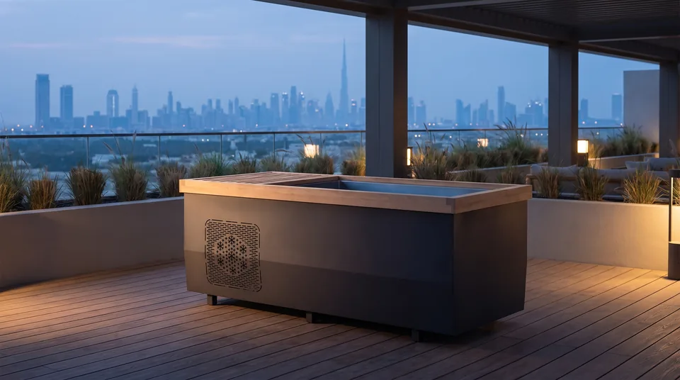 A rooftop terrace at dusk, the kind of space an all-in-one plunge is measured for