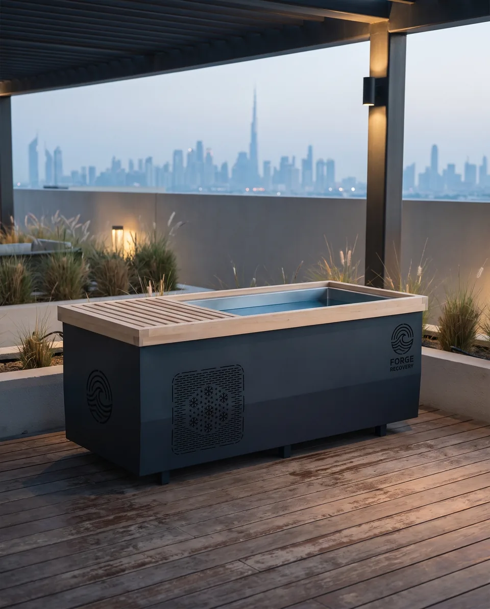 The Ascent, stainless frame and wood interior, on a rooftop terrace at dusk