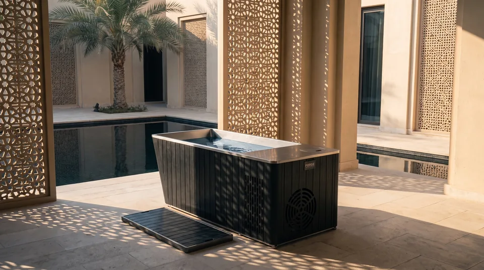 The Obsidian all-in-one cold plunge beside a courtyard pool, stainless shell and wood composite surround