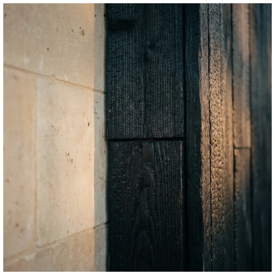 Charred timber cladding against a limestone wall