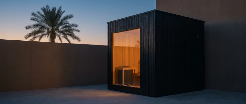 A dark timber sauna cabin lit from inside, in a UAE courtyard at dusk