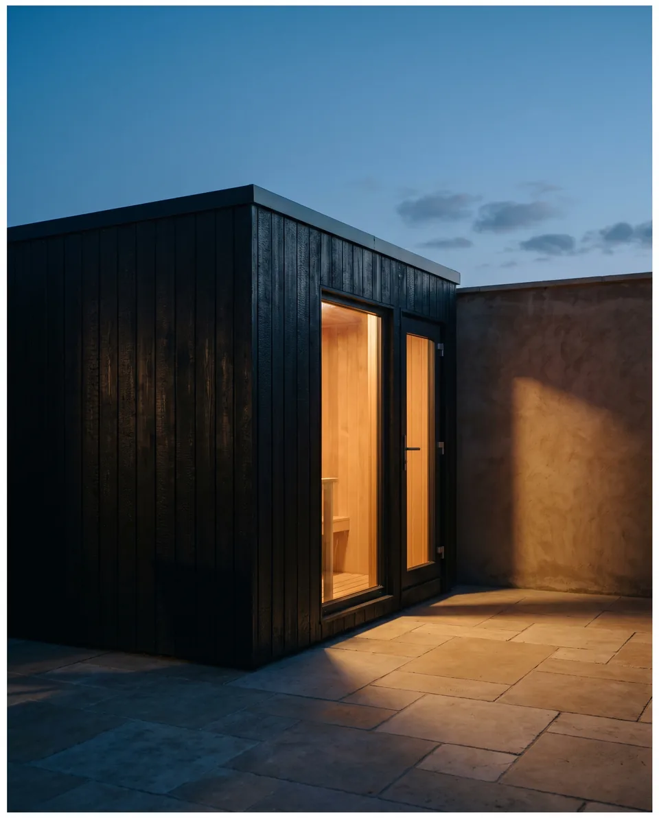 A dark timber sauna cabin glowing at dusk in a UAE courtyard