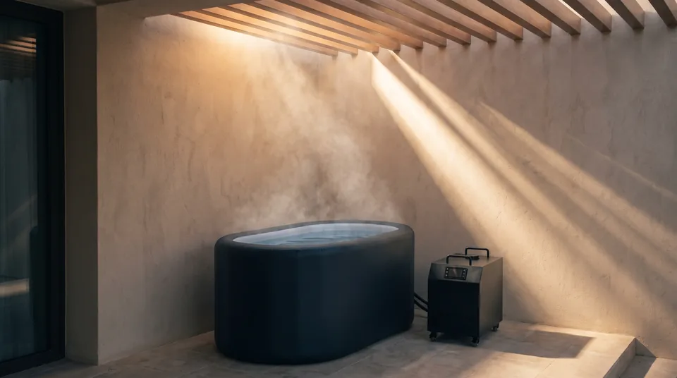 Cold water surface in a plunge tub at first light